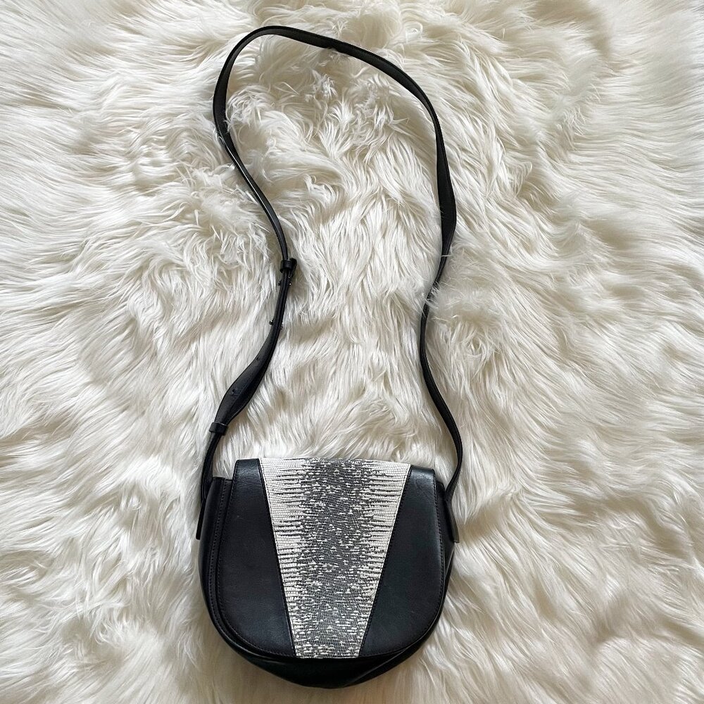Vince Black White Modern V Python Embossed Leather Crossbody Purse Bag